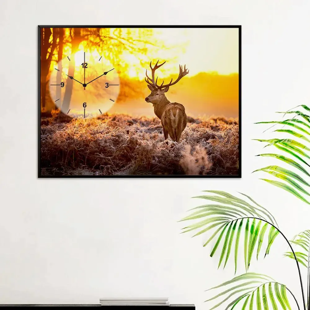 Beautiful Deer Scenery Canvas Printed Decorative Wall Clock With Floating Frame