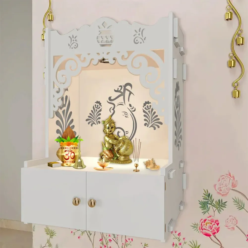 Beautiful Design Of Lord Ganesh White Wooden Wall Temple For Home With Inbuilt Focus Lights &amp; Spacious Shelf