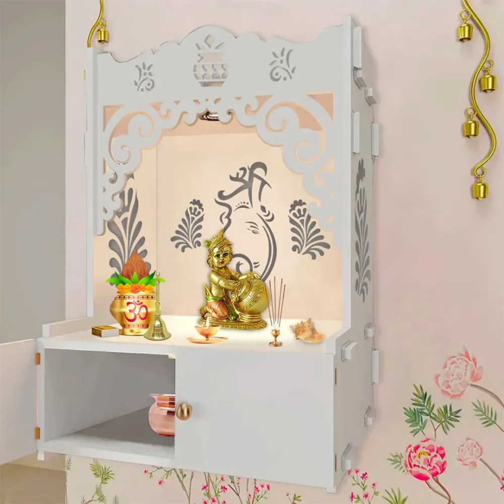 Beautiful Design Of Lord Ganesh White Wooden Wall Temple For Home With Inbuilt Focus Lights &amp; Spacious Shelf