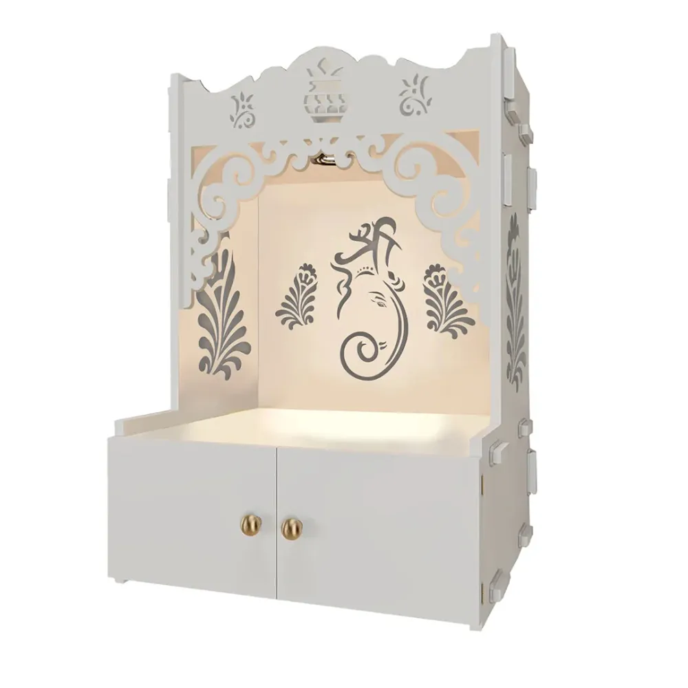 Beautiful Design Of Lord Ganesh White Wooden Wall Temple For Home With Inbuilt Focus Lights &amp; Spacious Shelf