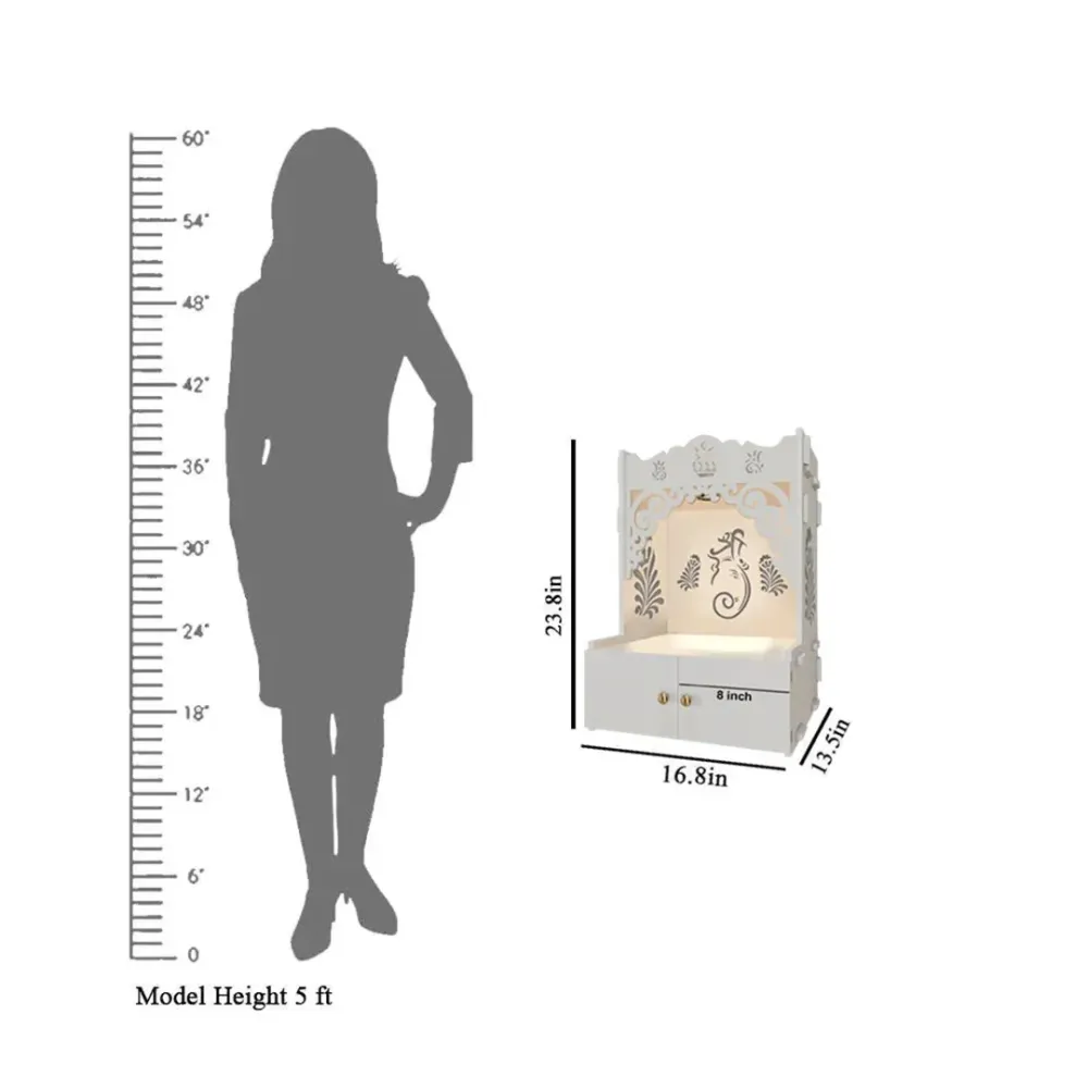 Beautiful Design Of Lord Ganesh White Wooden Wall Temple For Home With Inbuilt Focus Lights &amp; Spacious Shelf