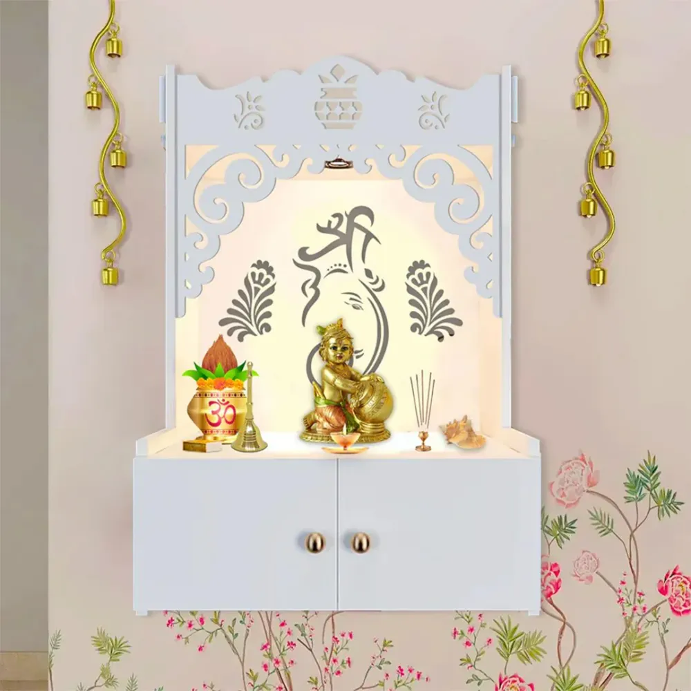 Beautiful Design Of Lord Ganesh White Wooden Wall Temple For Home With Inbuilt Focus Lights &amp; Spacious Shelf