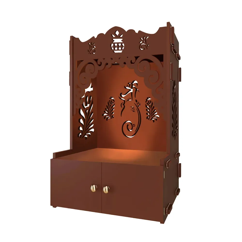 Beautiful Design Of Shri Ganesh Floor Temple With Spacious Wooden Shelf &amp; Inbuilt Focus Light- Brown Finish