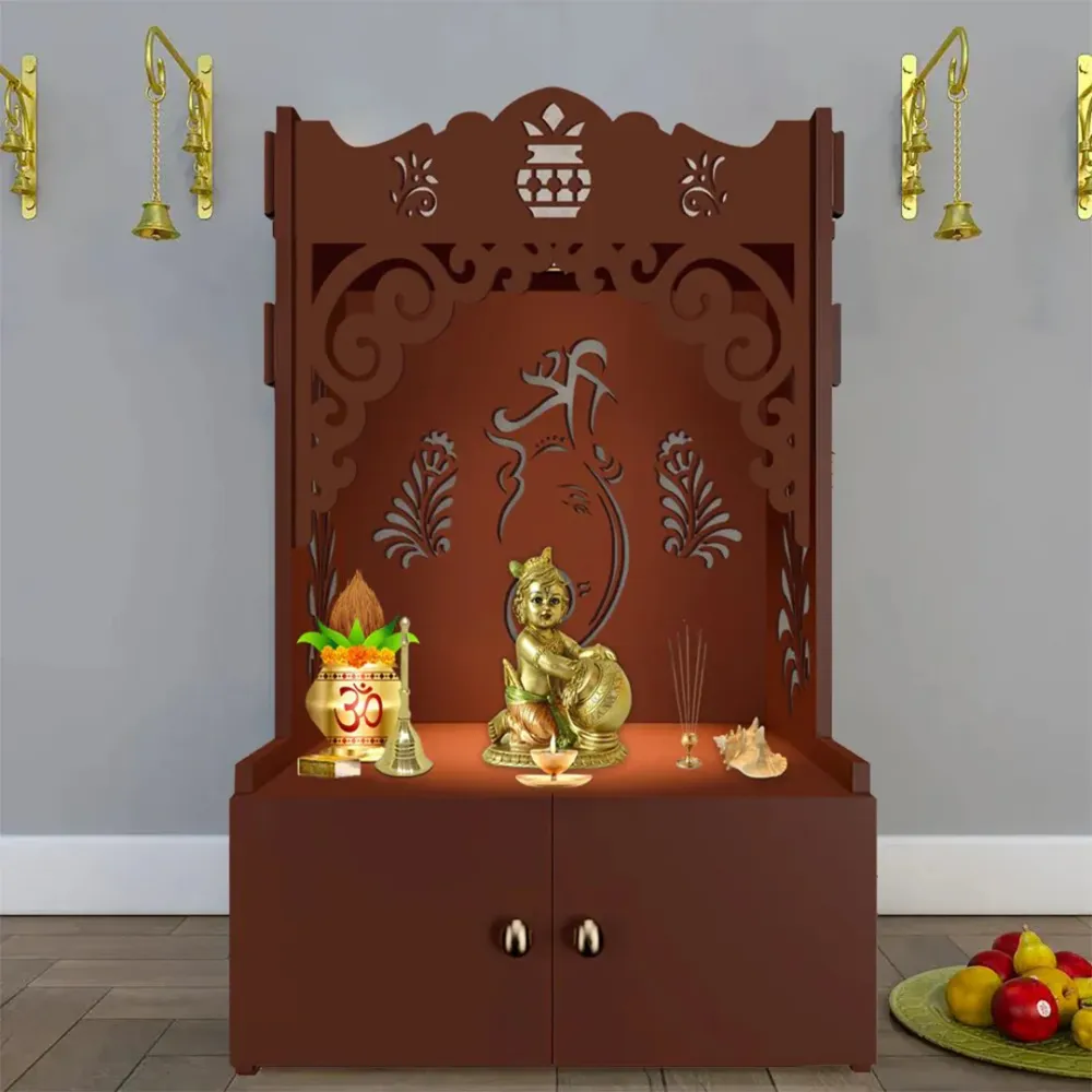 Beautiful Design Of Shri Ganesh Floor Temple With Spacious Wooden Shelf &amp; Inbuilt Focus Light- Brown Finish
