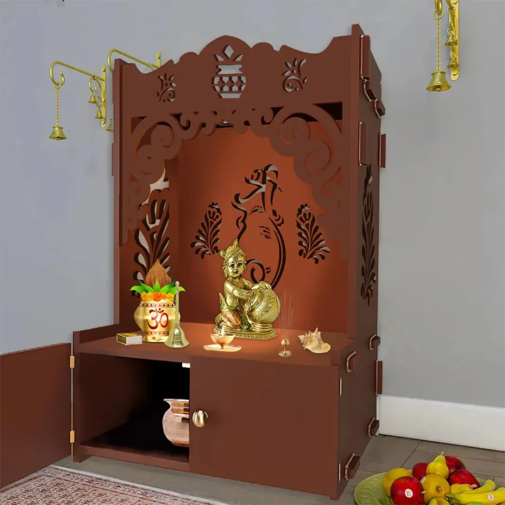 Beautiful Design Of Shri Ganesh Floor Temple With Spacious Wooden Shelf &amp; Inbuilt Focus Light- Brown Finish
