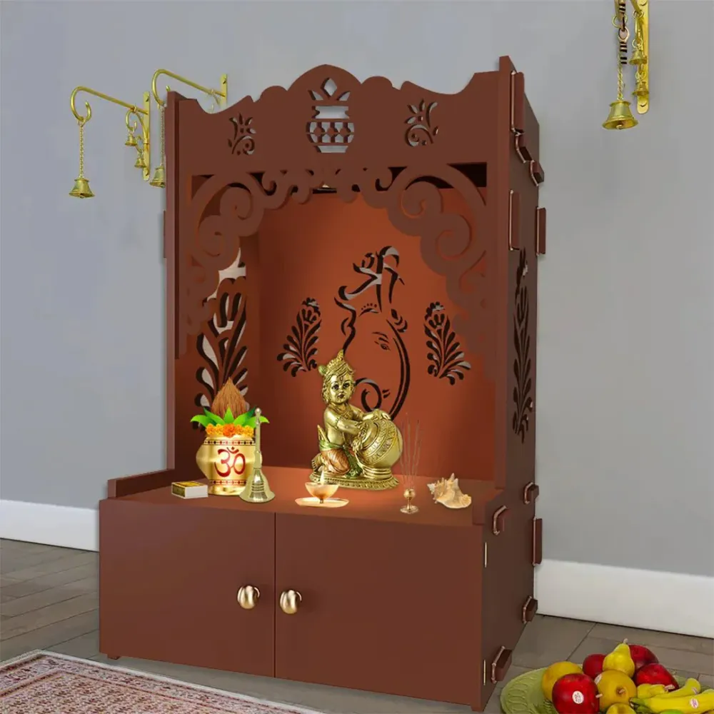 Beautiful Design Of Shri Ganesh Floor Temple With Spacious Wooden Shelf &amp; Inbuilt Focus Light- Brown Finish