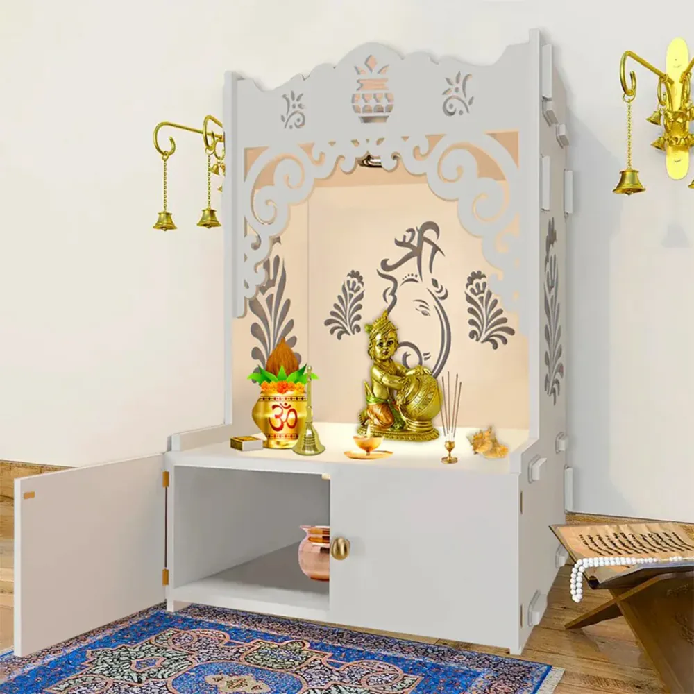 Beautiful Design Of Shri Ganesh Floor Temple With Spacious Wooden Shelf &amp; Inbuilt Focus Light- White Finish