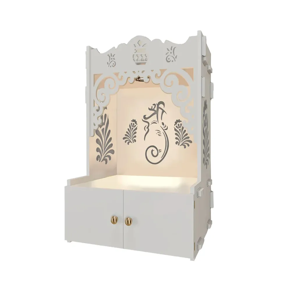 Beautiful Design Of Shri Ganesh Floor Temple With Spacious Wooden Shelf &amp; Inbuilt Focus Light- White Finish