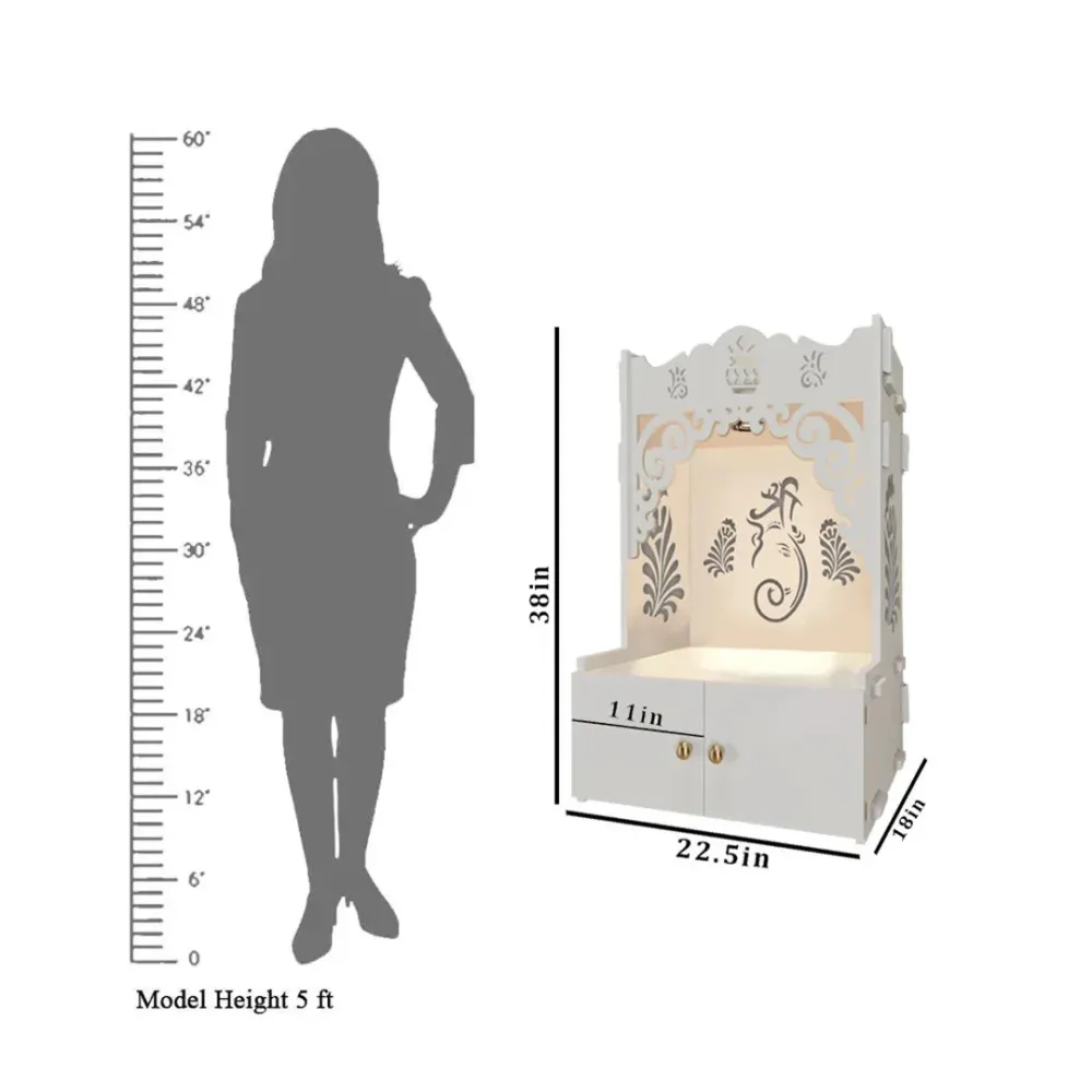 Beautiful Design Of Shri Ganesh Floor Temple With Spacious Wooden Shelf &amp; Inbuilt Focus Light- White Finish