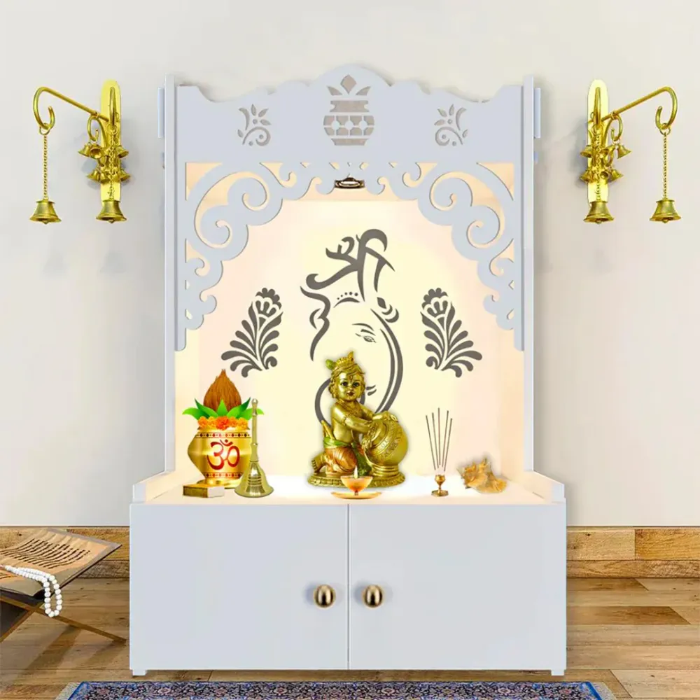 Beautiful Design Of Shri Ganesh Floor Temple With Spacious Wooden Shelf &amp; Inbuilt Focus Light- White Finish