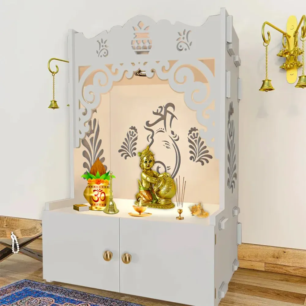 Beautiful Design Of Shri Ganesh Floor Temple With Spacious Wooden Shelf &amp; Inbuilt Focus Light- White Finish