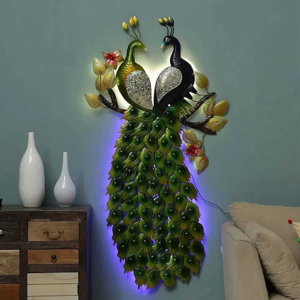 Beautiful Double Peacock Backlit Metal Wall Art for Living Room