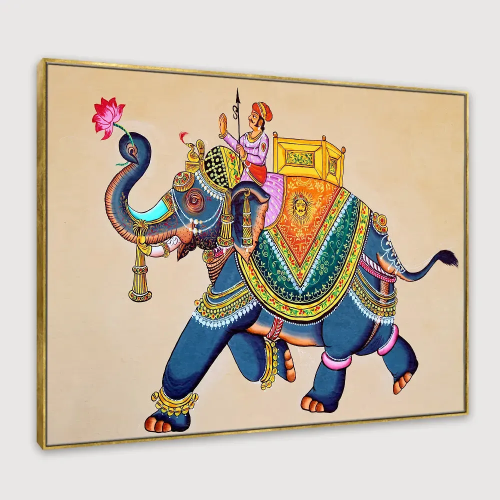 Beautiful Elephant Madhubani Painting /  Canvas Print  Stretched on Wood Bars 61 x 41cm With Frame