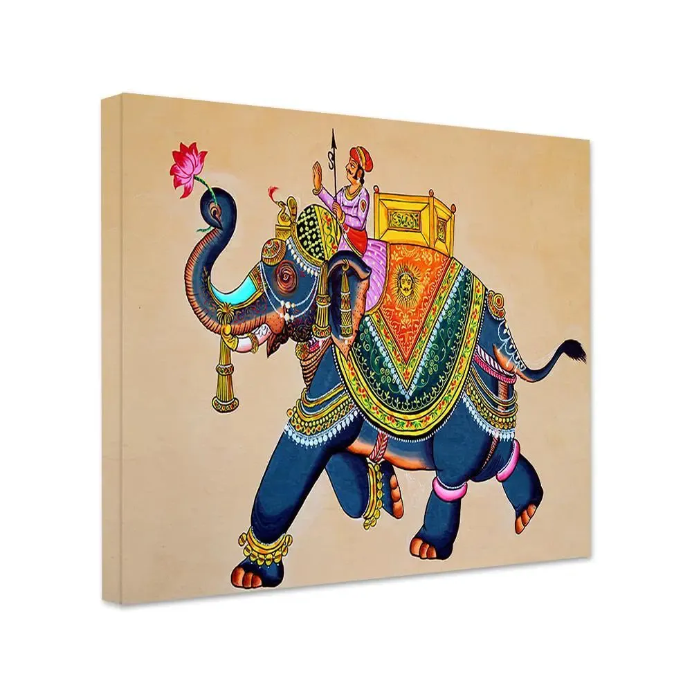 Beautiful Elephant Madhubani Painting /  Canvas Print  Stretched on Wood Bars 61 x 41cm With Frame