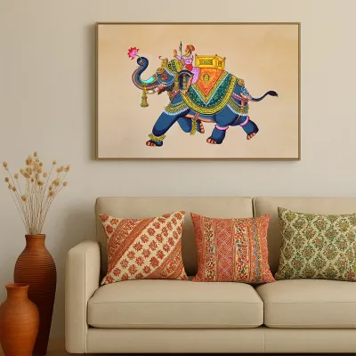 Beautiful Elephant Madhubani Painting /  Canvas Print  Stretched on Wood Bars 61 x 41cm