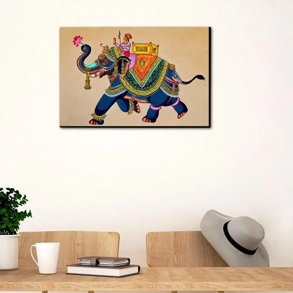 Beautiful Elephant Madhubani Painting /  Canvas Print  Stretched on Wood Bars 61 x 41cm With Frame