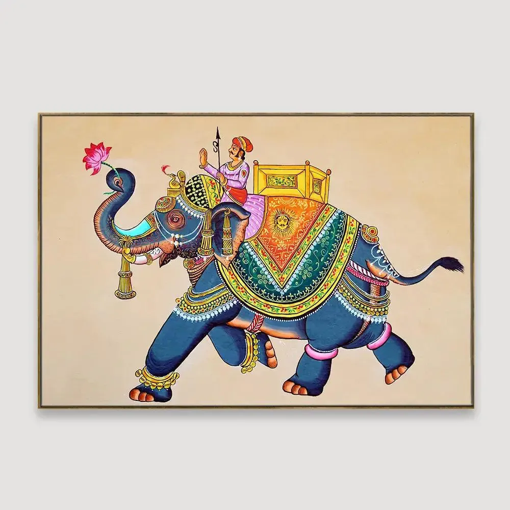 Beautiful Elephant Madhubani Painting /  Canvas Print  Stretched on Wood Bars 61 x 41cm With Frame
