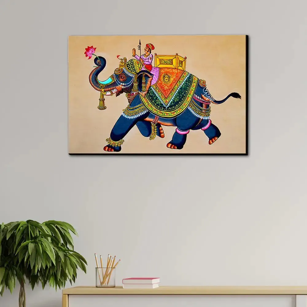 Beautiful Elephant Madhubani Painting /  Canvas Print  Stretched on Wood Bars 61 x 41cm With Frame