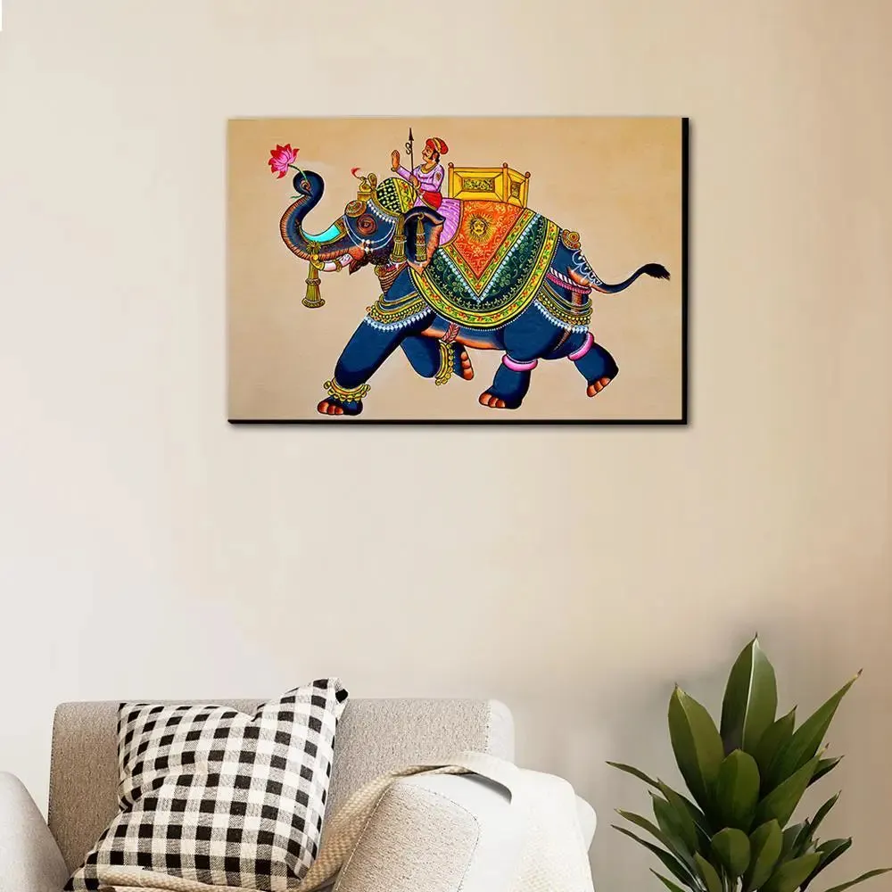 Beautiful Elephant Madhubani Painting /  Canvas Print  Stretched on Wood Bars 61 x 41cm With Frame