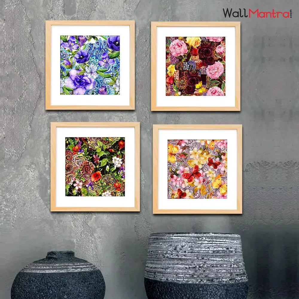 Beautiful Floral Framed Wall Painting Set of 4