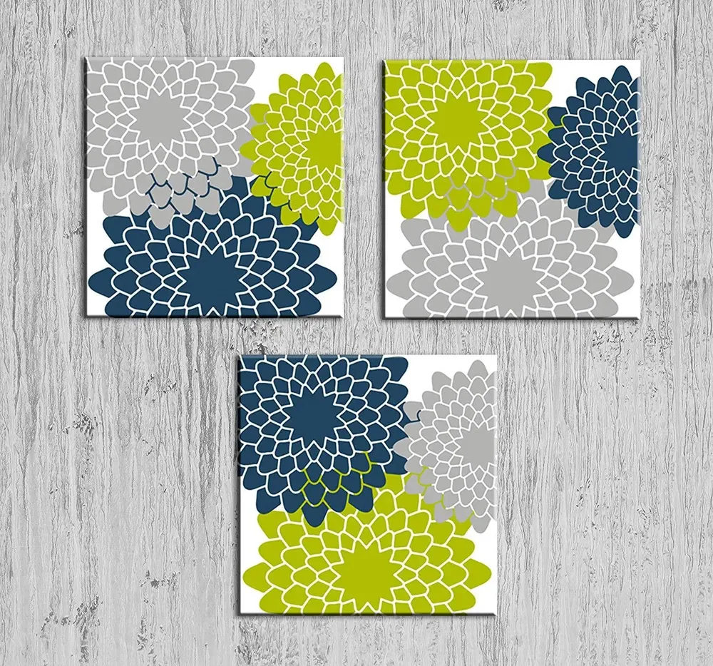 Beautiful Floral Wall Painting Stretched on Wooden Canvas, Set of 3