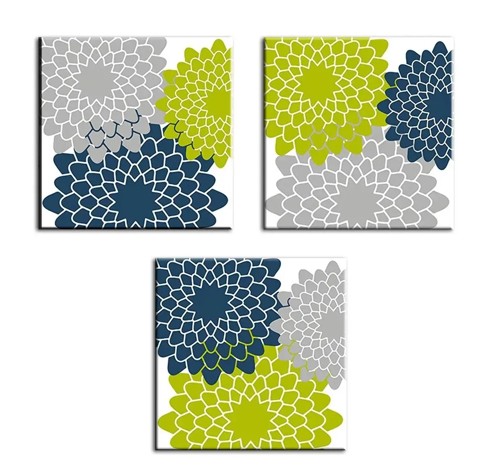 Beautiful Floral Wall Painting Stretched on Wooden Canvas, Set of 3