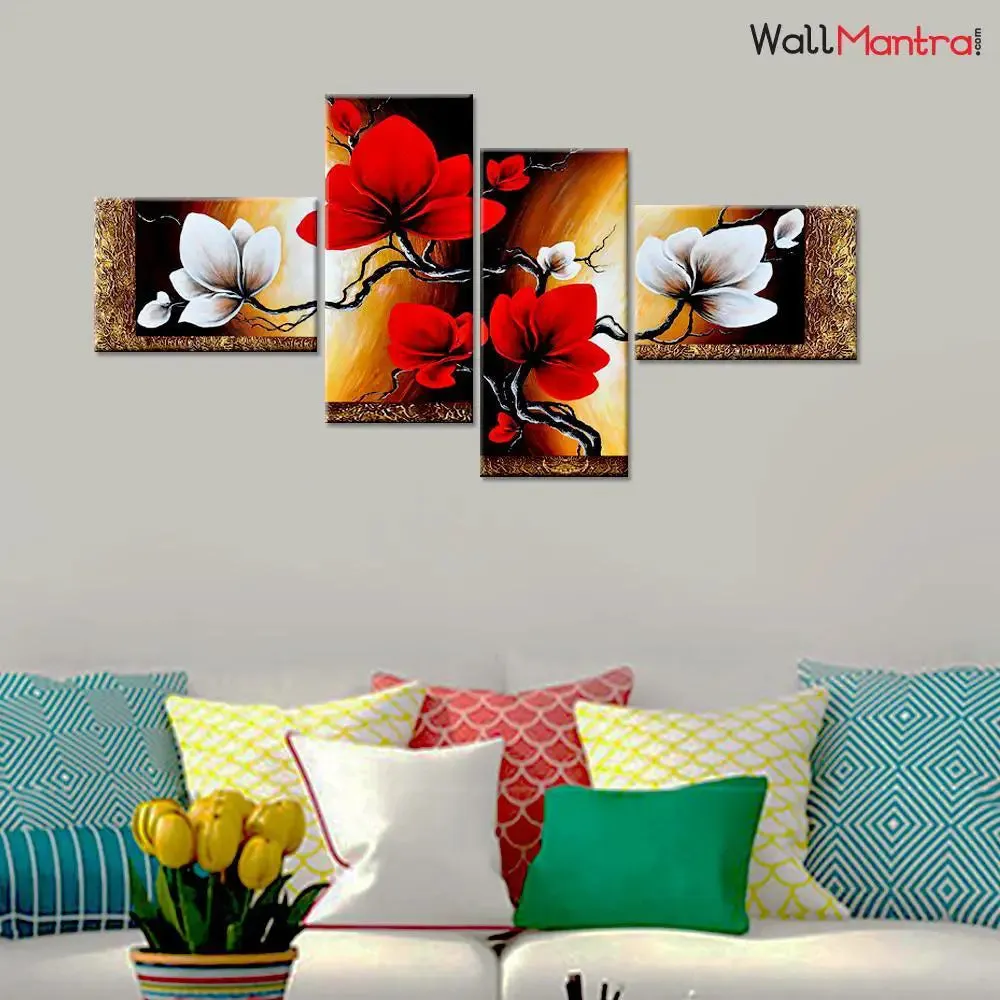 Beautiful Flower Art 4 Pieces Canvas &amp; Wood Framed Colorful Wall Painting