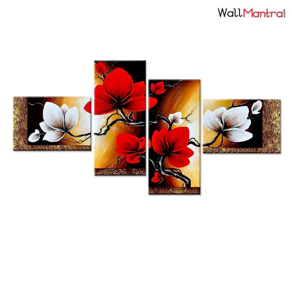 Beautiful Flower Art 4 Pieces Canvas &amp; Wood Framed Colorful Wall Painting