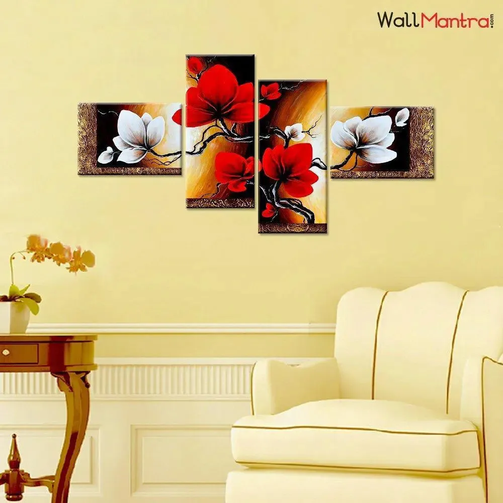 Beautiful Flower Art 4 Pieces Canvas &amp; Wood Framed Colorful Wall Painting
