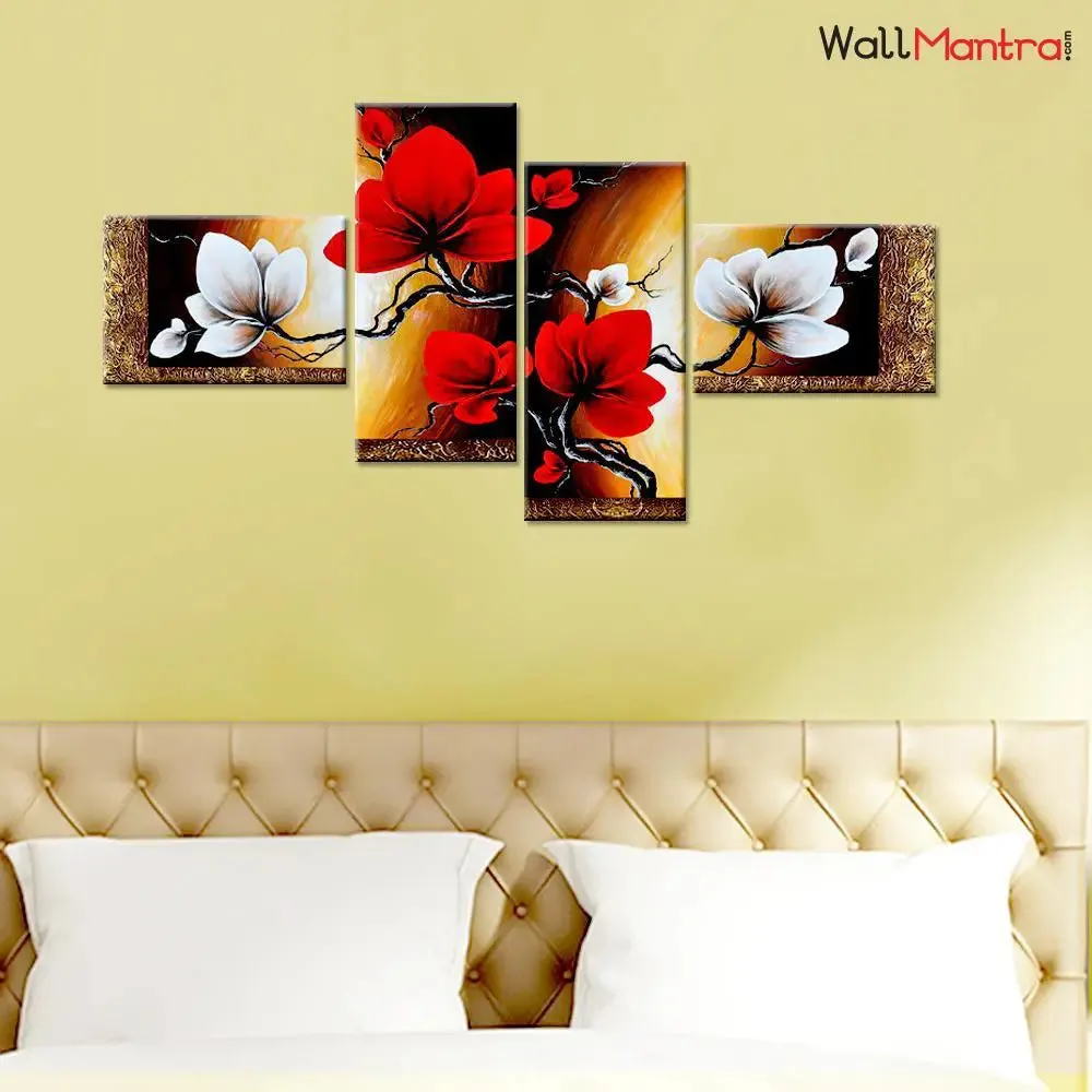 Beautiful Flower Art 4 Pieces Canvas &amp; Wood Framed Colorful Wall Painting