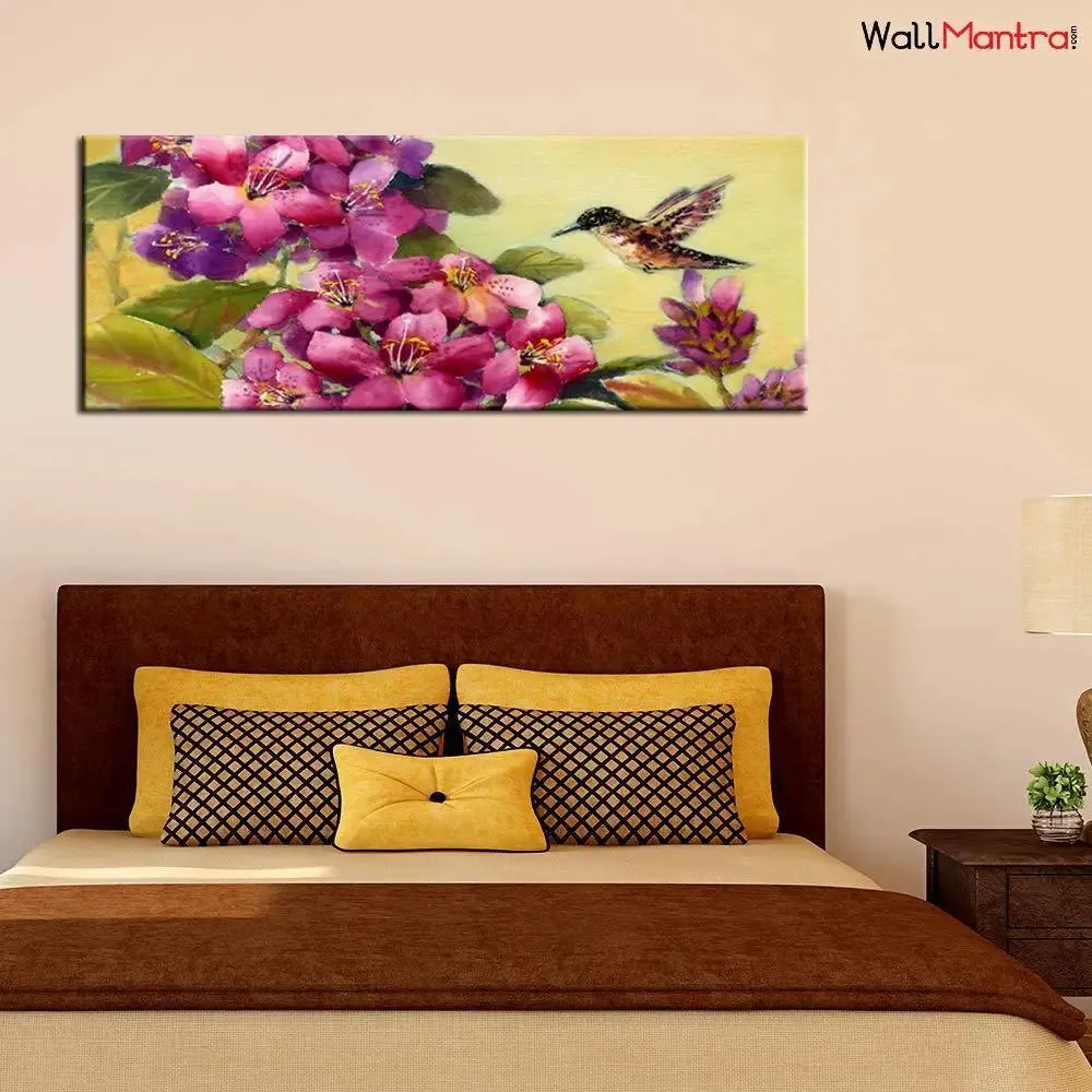 Beautiful Flower Bunch and Humming Bird Canvas  Wall Painting With Frame