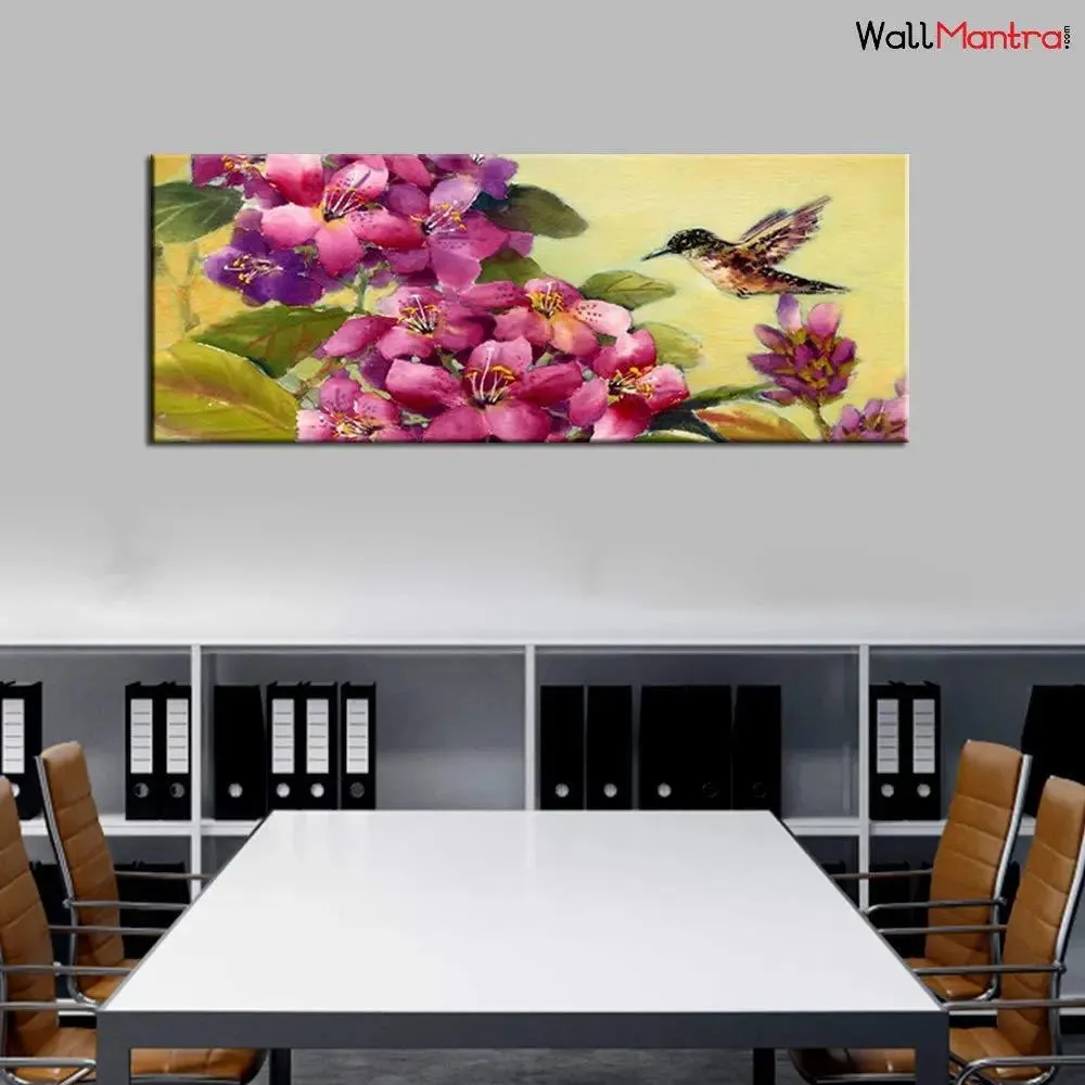 Beautiful Flower Bunch and Humming Bird Canvas  Wall Painting With Frame