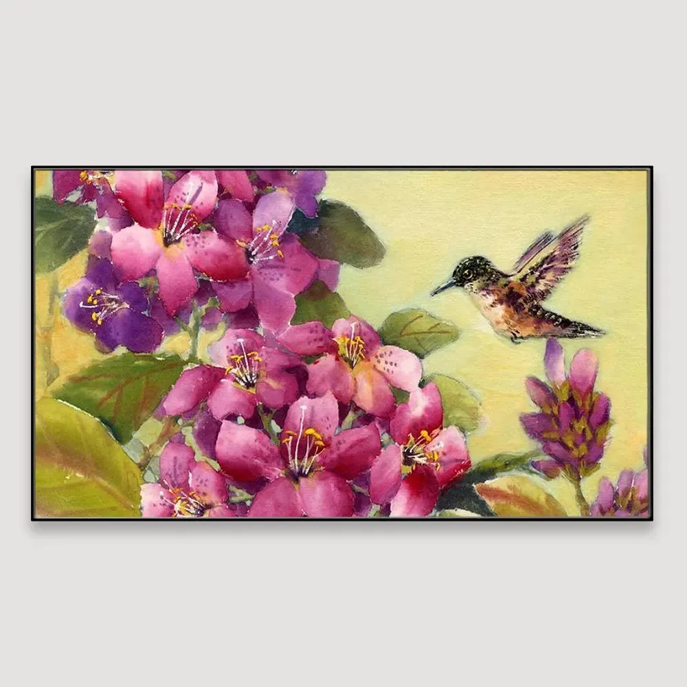 Beautiful Flower Bunch and Humming Bird Canvas  Wall Painting With Frame