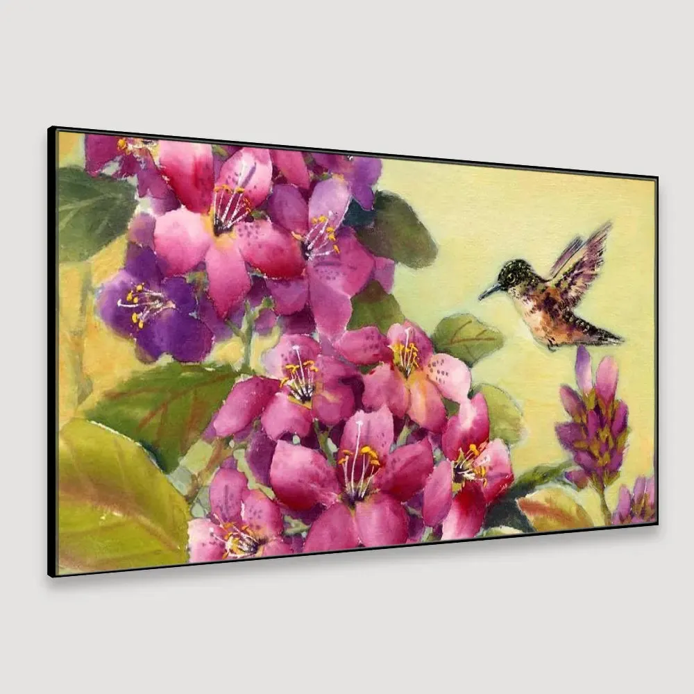 Beautiful Flower Bunch and Humming Bird Canvas  Wall Painting With Frame