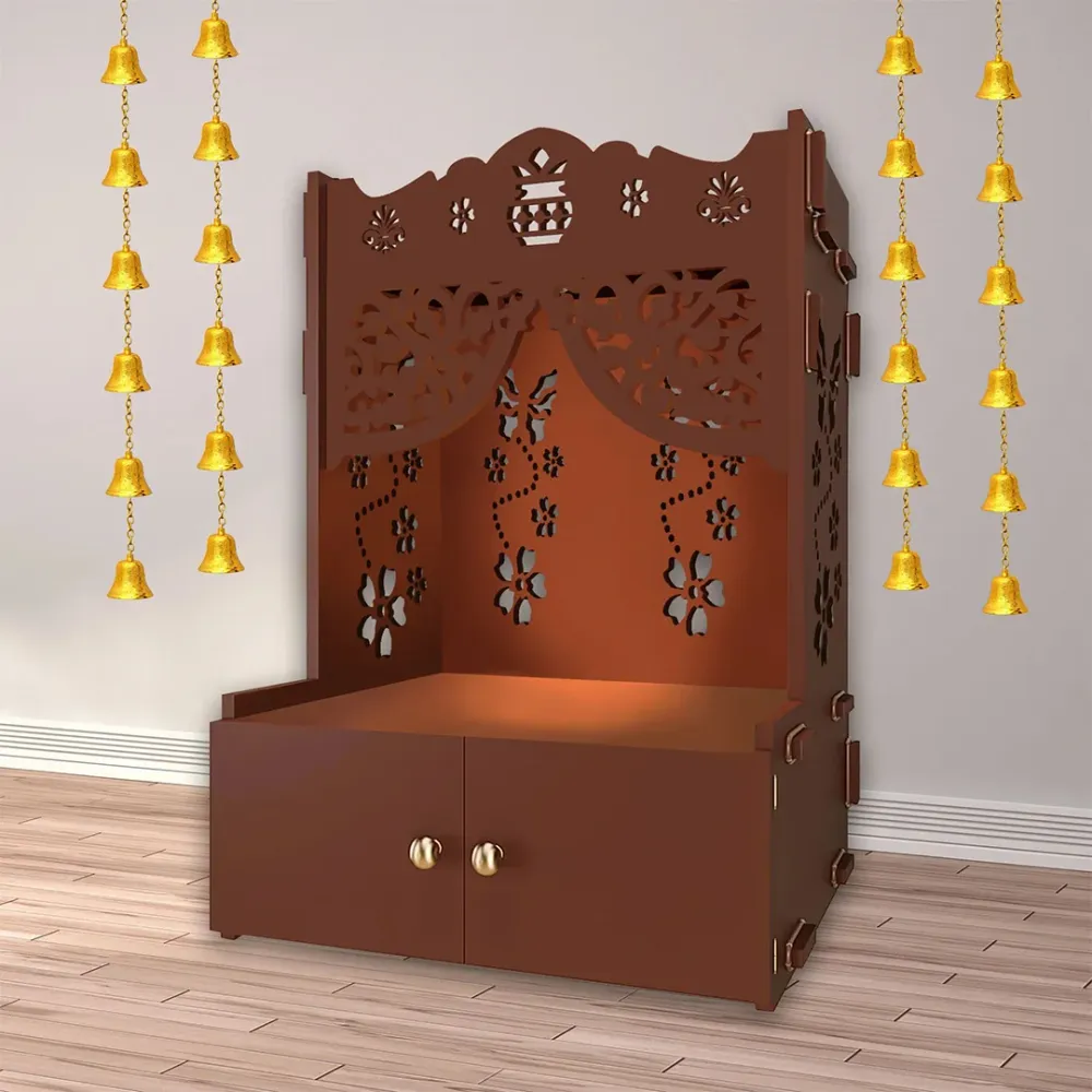 Beautiful Flower Design Pattern Floor Temple With Spacious Wooden Shelf &amp; Inbuilt Focus Light- Brown Finish