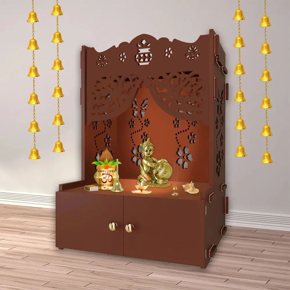 Beautiful Flower Design Pattern Floor Temple With Spacious Wooden Shelf &amp; Inbuilt Focus Light- Brown Finish