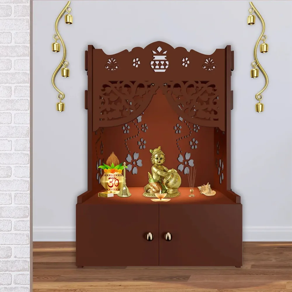 Beautiful Flower Design Pattern Floor Temple With Spacious Wooden Shelf &amp; Inbuilt Focus Light- Brown Finish