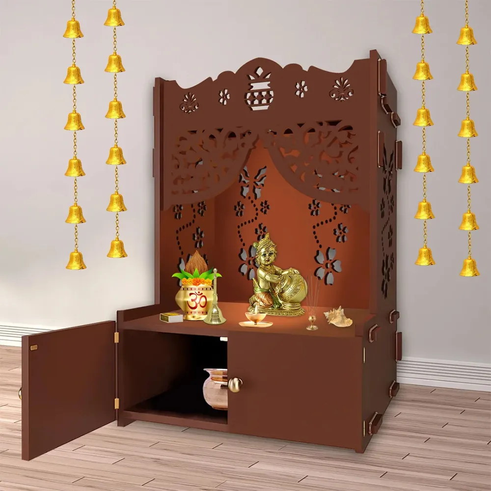 Beautiful Flower Design Pattern Floor Temple With Spacious Wooden Shelf &amp; Inbuilt Focus Light- Brown Finish