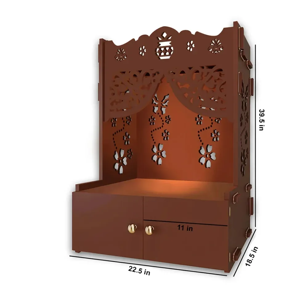 Beautiful Flower Design Pattern Floor Temple With Spacious Wooden Shelf &amp; Inbuilt Focus Light- Brown Finish