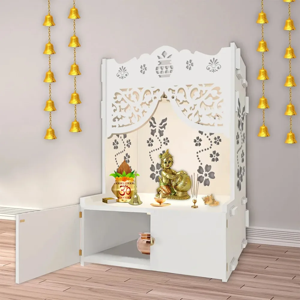 Beautiful Flower Design Pattern Floor Temple With Spacious Wooden Shelf &amp; Inbuilt Focus Light- White Finish