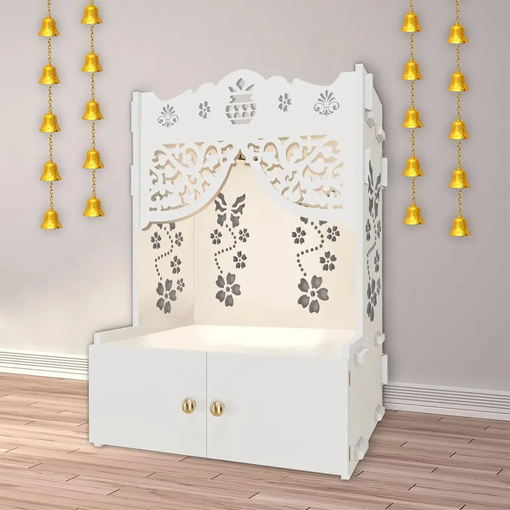 Beautiful Flower Design Pattern Floor Temple With Spacious Wooden Shelf &amp; Inbuilt Focus Light- White Finish