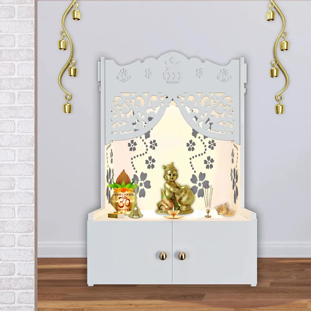 Beautiful Flower Design Pattern Floor Temple With Spacious Wooden Shelf &amp; Inbuilt Focus Light- White Finish
