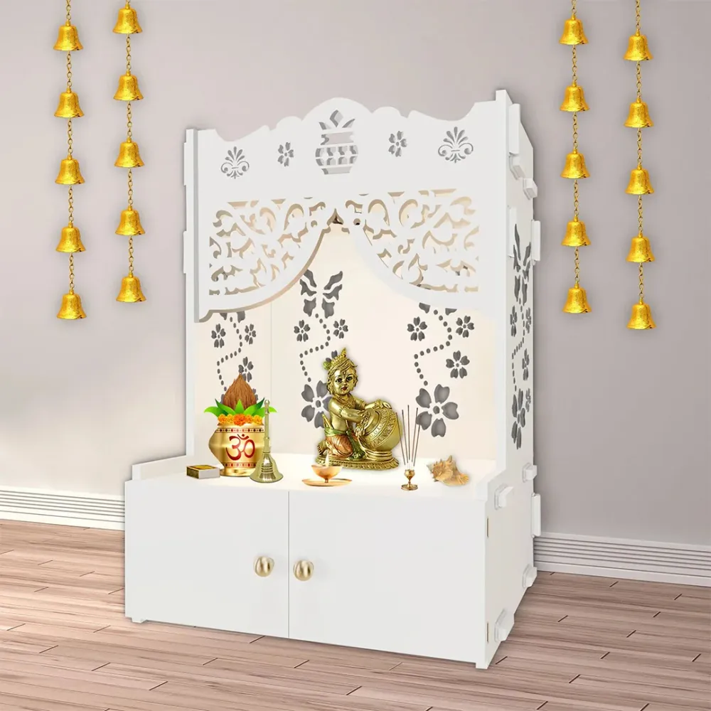Beautiful Flower Design Pattern Floor Temple With Spacious Wooden Shelf &amp; Inbuilt Focus Light- White Finish