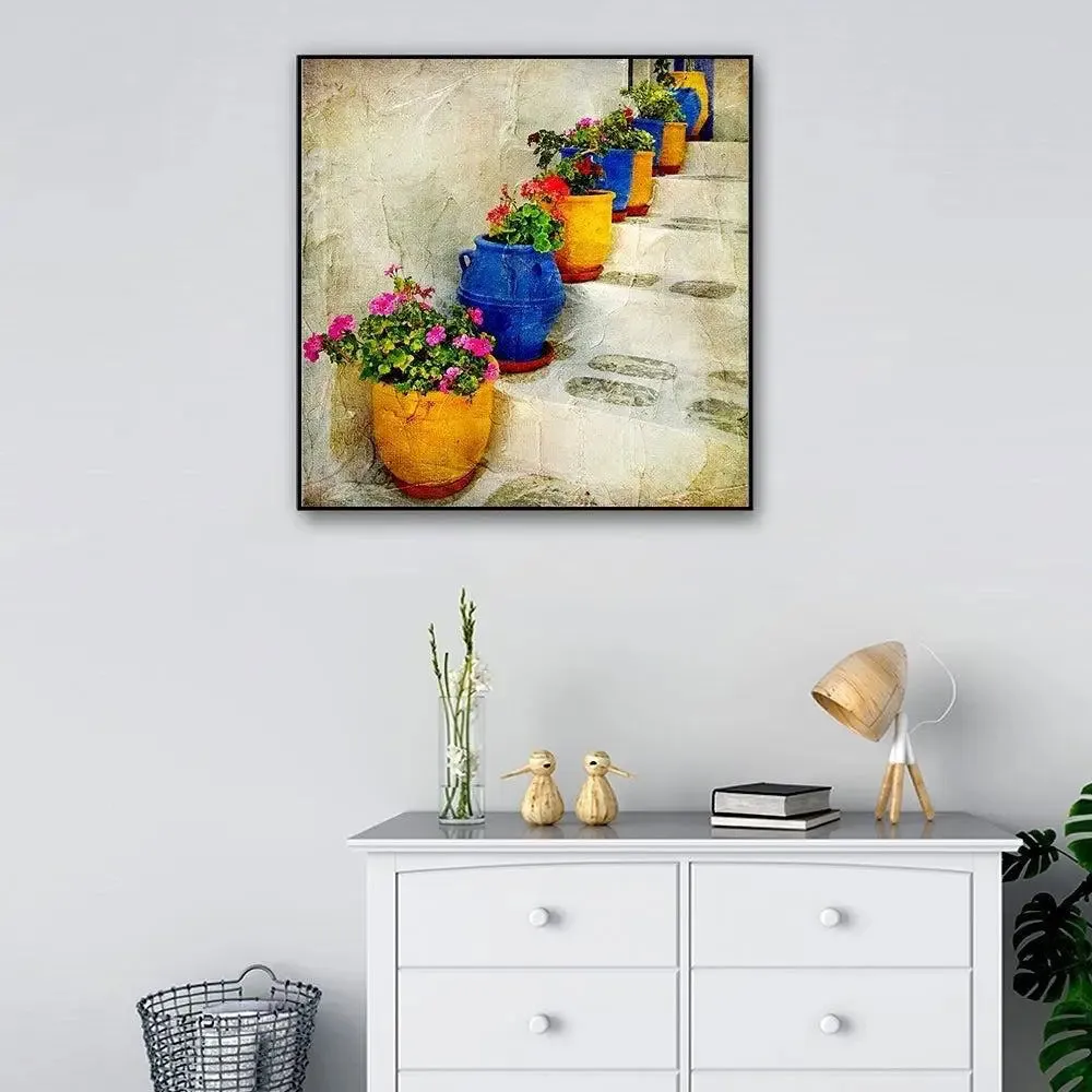 Beautiful Flower Pots With Vintage Background Canvas Painting With Black Floating Frame Size: 57 cm (H) X 57 cm (W)