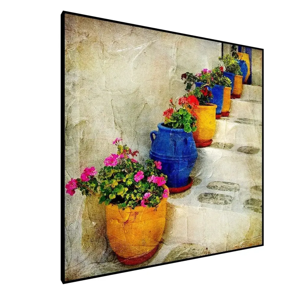 Beautiful Flower Pots With Vintage Background Canvas Painting With Black Floating Frame Size: 57 cm (H) X 57 cm (W)