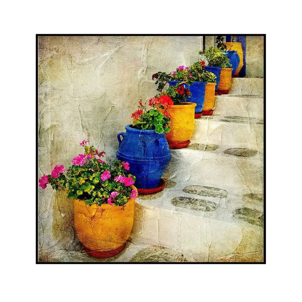 Beautiful Flower Pots With Vintage Background Canvas Painting With Black Floating Frame Size: 57 cm (H) X 57 cm (W)