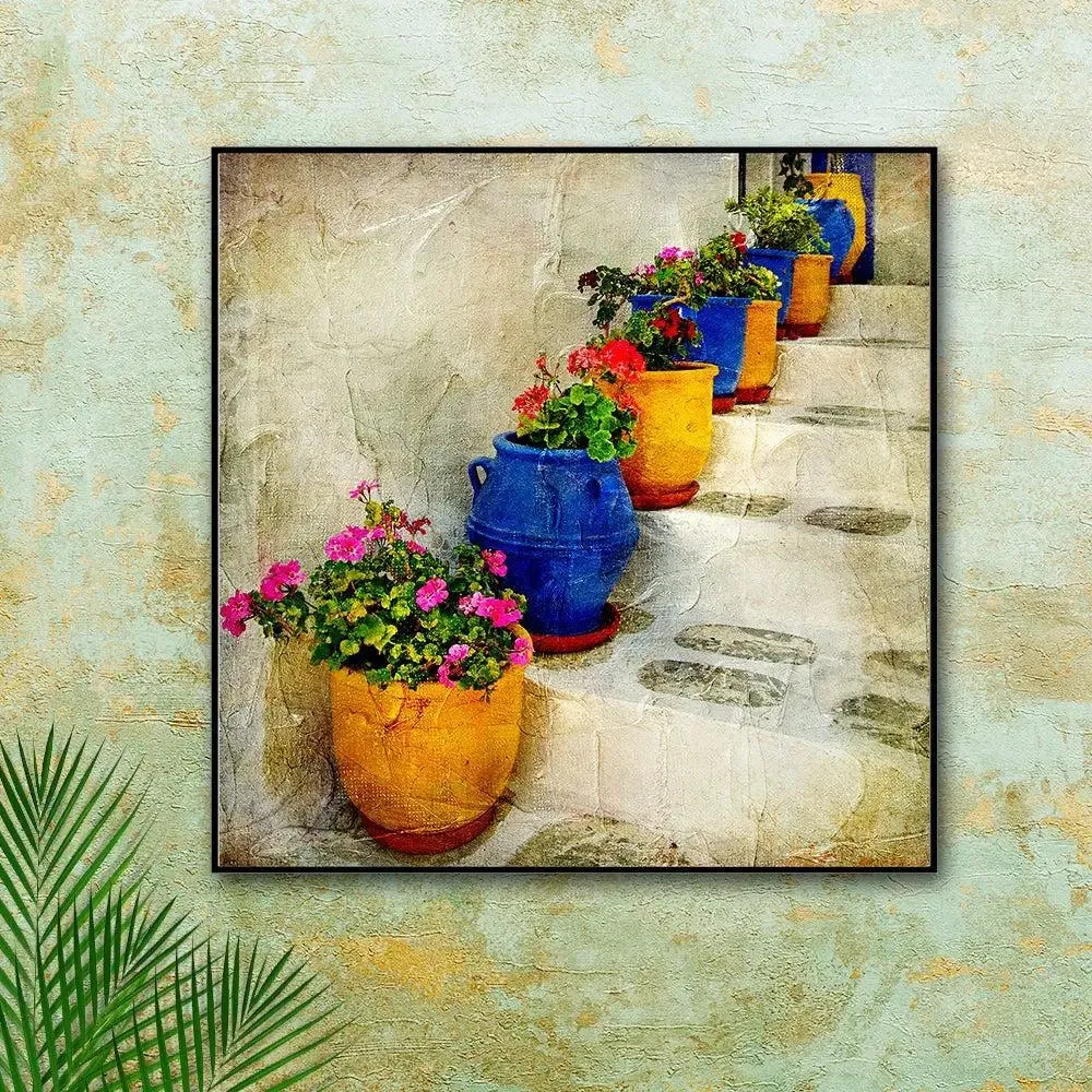Beautiful Flower Pots With Vintage Background Canvas Painting With Black Floating Frame Size: 57 cm (H) X 57 cm (W)