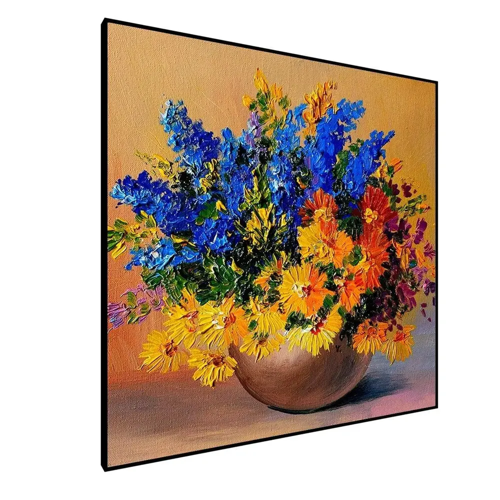 Beautiful Flowerpot Canvas Painting With Black Floating Frame Size: 57 cm (H) X 57 cm (W)