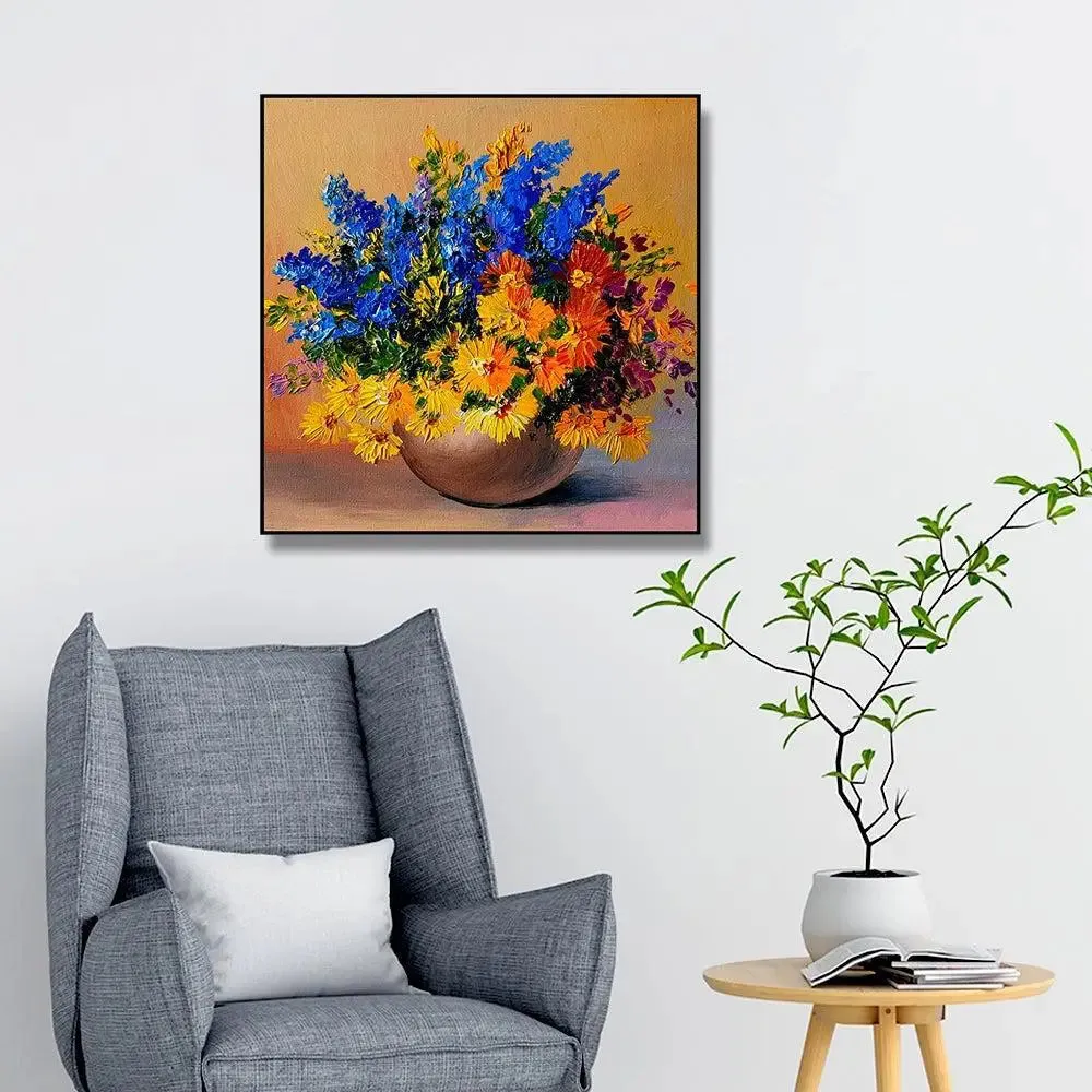 Beautiful Flowerpot Canvas Painting With Black Floating Frame Size: 57 cm (H) X 57 cm (W)