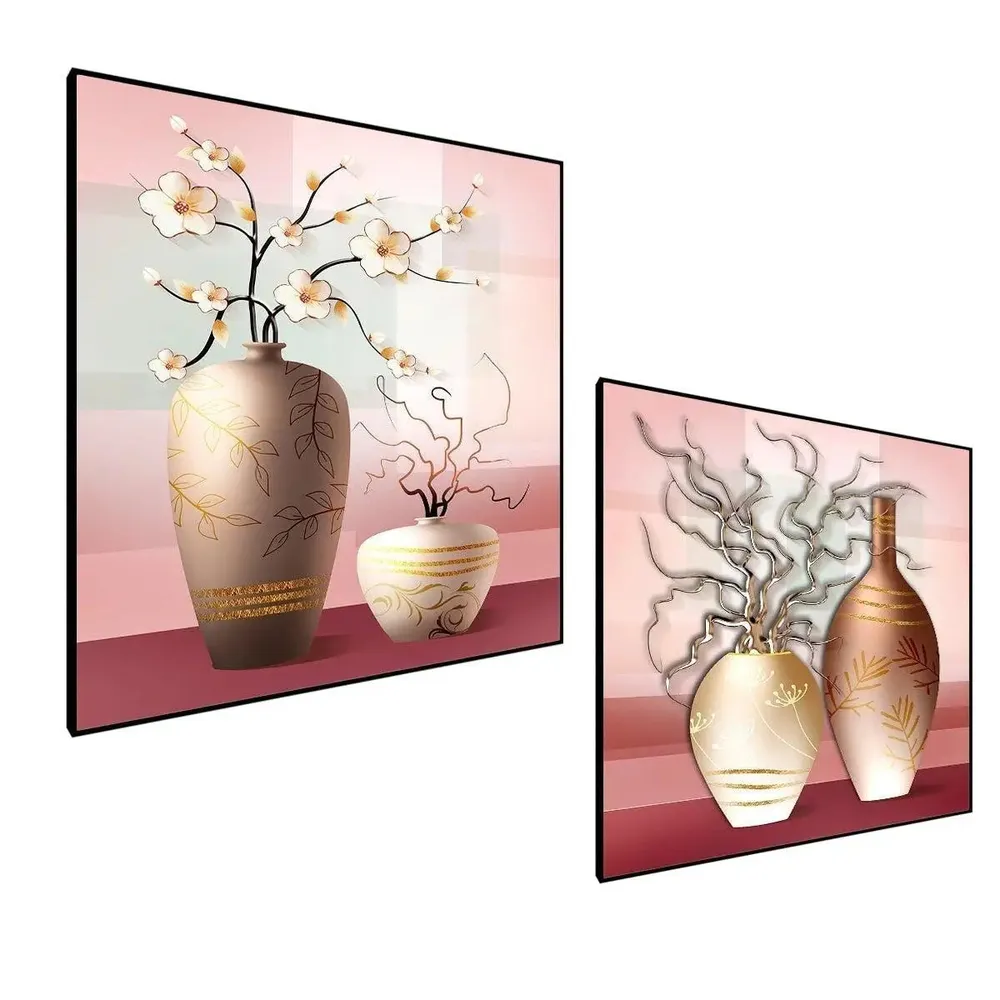 Beautiful Flowerpots Canvas Painting With Black Floating Frame Size: 30 cm (H) X 30 cm (W) Set of 2